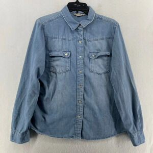 Love Stitch Button-Up Women's Large Blue Chambray Long Sleeve Denim Shirt